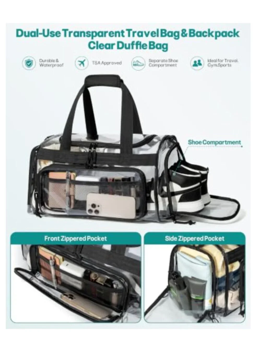Clear Duffle Bag 32.5L Convertible Travel Backpack Waterproof PVC with Shoe